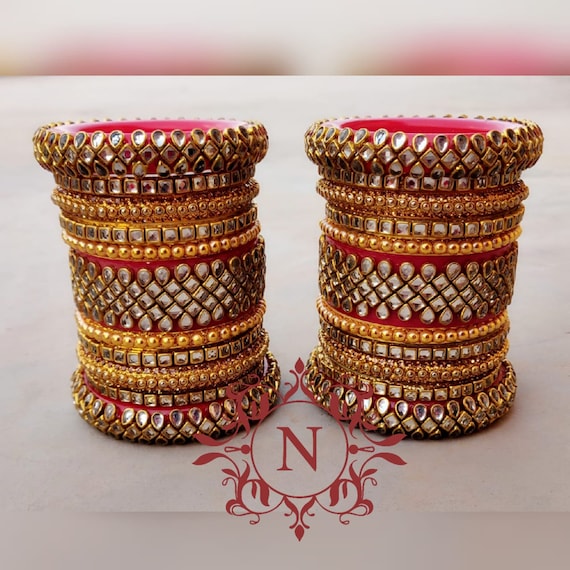 Rajwadi Heavy Glass Kundan Work Bridal Chuda Indian Red Gold Wedding Bangles Set Pakistani Party Wear Eid Chura Punjabi Kangan Kada
