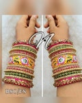 Rajwadi Hand Painted Meenakari Multi Color Wedding Bangles Set, Indian Pink & Yellow Pearls Beaded Chuda, Pakistani Bridal Eid Chura Kangan