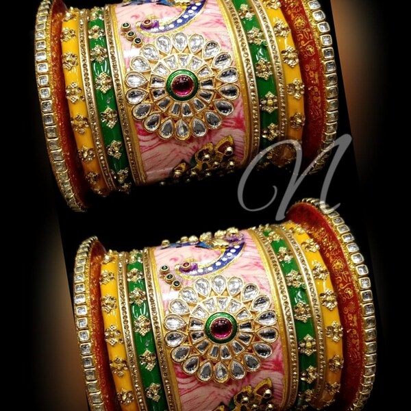 Indian Ethnic Hand Painted Peacock Design Bridal Chura Set, Rajwadi Heavy Kundan & Stone Work Bangles, Heavy Metal Figure Wedding Chuda Set