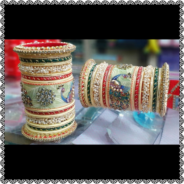 Rajwadi Hand Painted Peacock Design Wedding Chura Set, Indian Bridal Sage Green & Cream Chuda, Pakistani Kundan Bangles For Eid Kangan Kada