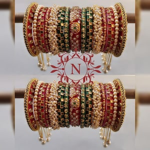 Bridal Indian Hanging Pearls Red & Green Chuda Set, Pakistani Wedding Glass Kundan Work Chura, Rajwadi Hand Painted Eid Bangles Kangan Kada