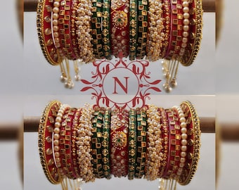 Bridal Indian Hanging Pearls Red & Green Chuda Set, Pakistani Wedding Glass Kundan Work Chura, Rajwadi Hand Painted Eid Bangles Kangan Kada