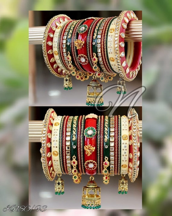 Indian Bridal Multi Color Chura Punjabi Style Glass Kundan Work Chuda  Bangles