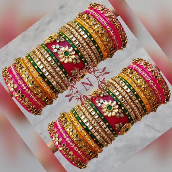 Ethnic Rajwadi Heavy Work Wedding Chura Set Indian Glass Kundan Stone Bridal Bangles Punjabi Style Multi Color Wedding Chuda