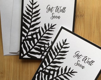 Get Well Soon Handmade Notecard Set in Black and White With Ferns - Set of 2