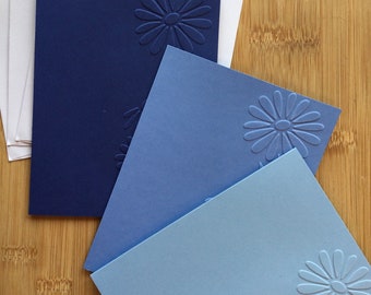 Daisy Handmade Embossed Blank Notecards In Shades of Blue - Set of 3