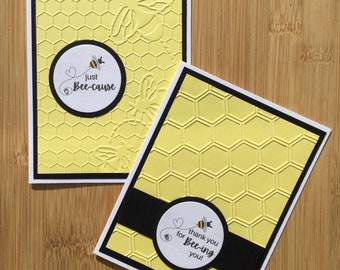 Thank You For Bee-ing You and Just Bee-cause Handmade Embossed Notecard Set Light Yellow/Black - Set of 2