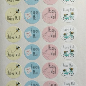 Happy Mail/Small Business Matte Round Stickers Hoja mixta o hoja completa de solo abejas/bicicletas/sobres/avión - tamaño de 1,25"/24 pegatinas