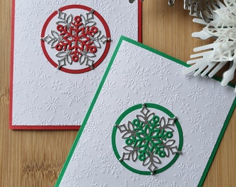 Snowflake Embossed and Snowflake Embellished Handmade Blank Notecards - Set of 2.