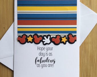 Fun Disney Inspired Handmade Card with Striped Paper Mickey Ears, Hands and Stars with Different Sayings