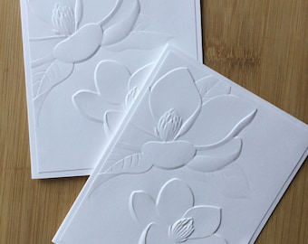 White on White Handmade Magnolia Embossed Blank Notecards - Set of 2