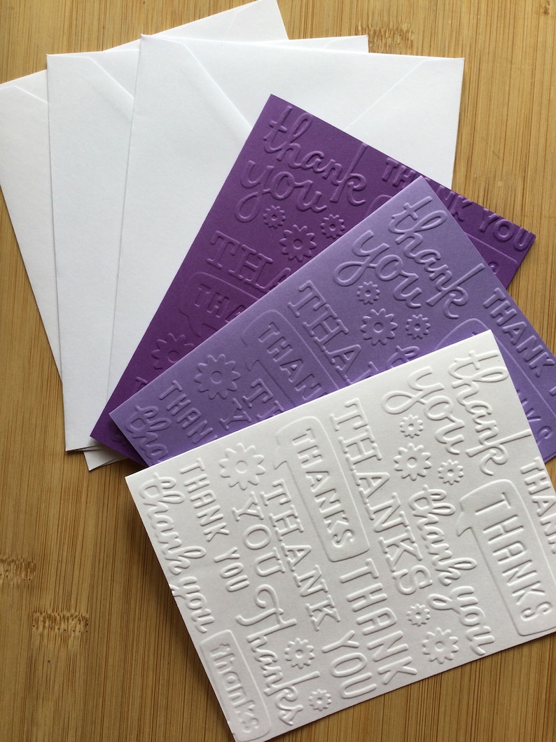 Thank You Embossed Handmade Blank Notecard Set in Various Colour Sets Set of 3 Shades Purple/White