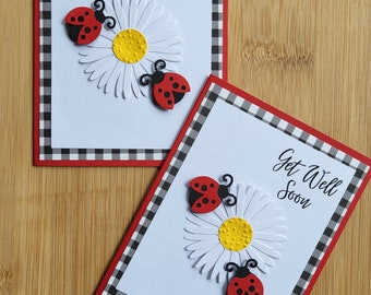 Get Well Soon Handmade Notecard Set with Lady Bugs and Daisy in Red and Black - Set of 2