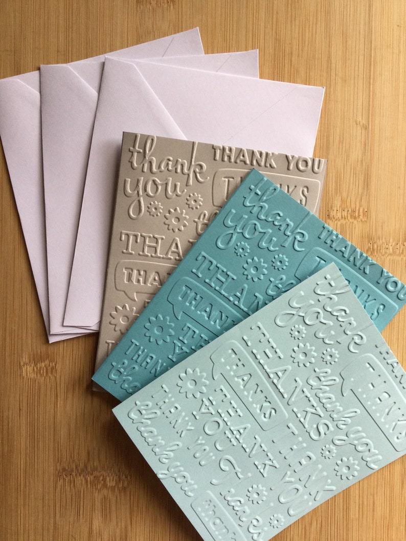 Thank You Embossed Handmade Blank Notecard Set in Various Colour Sets Set of 3 Shades of Blue/Grey