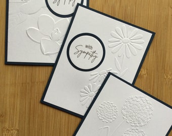 With Sympathy Handmade Notecard Set in Navy Blue and White With Embossing - Set of 2