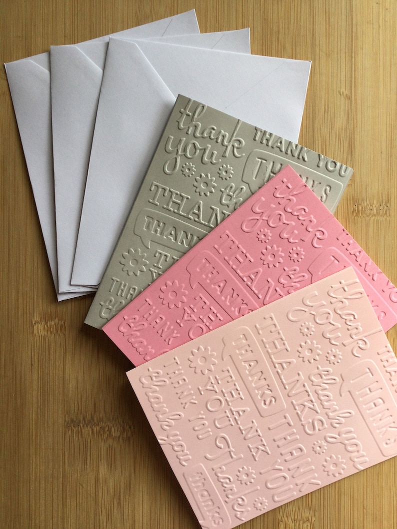 Thank You Embossed Handmade Blank Notecard Set in Various Colour Sets Set of 3 Shades of Pink/Grey