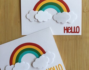 Hello Saying Handmade Top Fold Notecard Set with Rainbow and Clouds - Set of 2