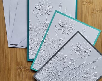 Daisy Garden Handmade Embossed Blank Notecards in Different Colour Sets - Set of 3