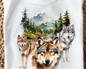 Retro Wolf Shirts PNG, 90s Nature Vintage Wildlife Forest Tee Design, Boho Cozy Season Rustic Wolves - 2 PNGs (Digital Download)