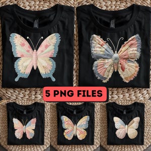 May include: Black t-shirts with butterfly designs. The butterflies are made of patchwork fabric in shades of pink, blue, and yellow. The text "5 PNG FILES" is displayed in a red rectangle. The shirts are arranged on a woven surface.