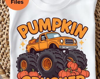 May include: A white t-shirt featuring a graphic of an orange monster truck with large black tires, surrounded by orange pumpkins. The text PUMPKIN CRUSHER is printed in orange above and below the truck. An orange circle states 5 PNG Files.