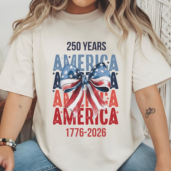 250 Years USA Shirt PNG: Patriotic 250th Anniversary America. Coquette Bow (Digital download)