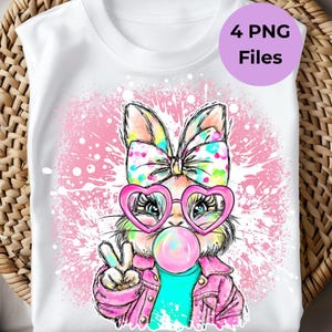 May include: White t-shirt featuring a cartoon bunny with heart-shaped glasses blowing a bubblegum bubble. The bunny wears a pink jacket and a colorful bow. The text "4 PNG Files" is in a purple circle.