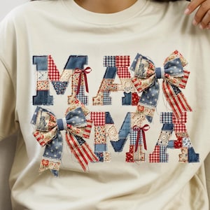 VS faux patchwork png, faux gewatteerde Amerikaanse vlag png, coquette mama shirt png, vintage patchwork patriottisch ontwerp, 4 juli Cottagecore