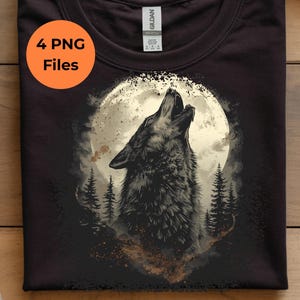 May include: Dark brown t-shirt featuring a detailed illustration of a howling wolf against a full moon and a forest backdrop. The design is in shades of black, gray, and white. The text "4 PNG Files" is in an orange circle.