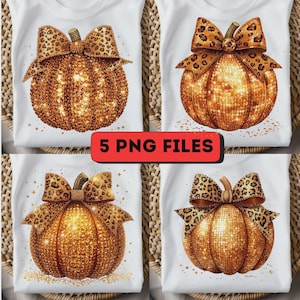 Coquette Leopard Bow Pumpkin PNG Budle - Sparkling Rhinestone Fall Shirt Design (Digital Download)