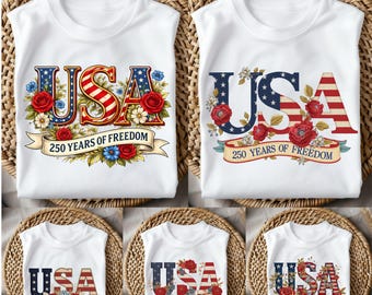 Retro USA 250 Shirt PNG BUNDLE, Independence Day Shirt Png, Celebrate 250th Anniversary Png, Floral Usa Flag 4th of July, Patriotic Gift