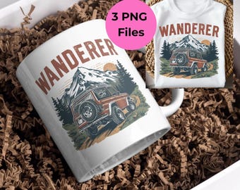 May include: A white ceramic mug and a white t-shirt featuring a graphic illustration of a red off-road vehicle driving on a dirt path toward mountains and pine trees, with the text WANDERER printed in a rust-colored font above the mountain scene.