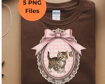 Vintage Thrifted Kitten Butterfly Oval Frame PNG, Grandma Core Cottagecore Shirt Design (Digital Download)