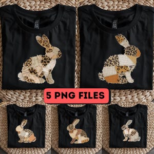 Peut inclure: Cinq t-shirts noirs avec un motif de lapin. Les lapins sont faits de tissu patchwork avec des imprimés léopard et des tons neutres. Le texte "5 PNG FILES" est dans un rectangle rouge.