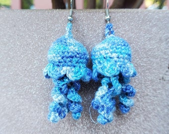 Blue Sparkly Jellyfish Earrings, Hand Crocheted