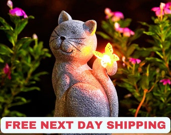 Solar cat outdoor statues for garden with butterfly for ornaments porch patio balcony home - birthday gifts for grandma mom women