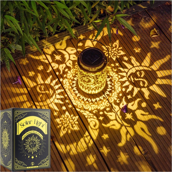 Solar lanterns: sun, moon, stars design - outdoor decor, weatherproof, auto on/off for patio, yard, table, gift for mom grandma women