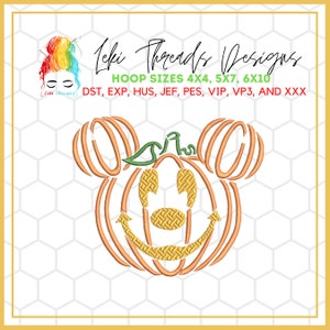 May include: An orange pumpkin with a Mickey Mouse face, a green stem, and a stitched pattern. The text "Leki Threads Designs" and "HOOP SIZES 4X4, 5X7, 6X10" is above the pumpkin. The text "DST, EXP, HUS, JEF, PES, VIP, VP3, AND XXX" is below the pumpkin.
