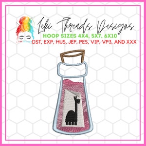May include: An embroidered design featuring a glass bottle with a cork stopper. Inside the bottle is a pink substance and a white rectangle with a black llama silhouette. The text "Leki Threads Designs" and "HOOP SIZES 4X4, 5X7, 6X10" are also visible.