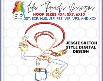 Diseño de bordado de Jessie Cowgirl: Estilo boceto (Descarga digital)