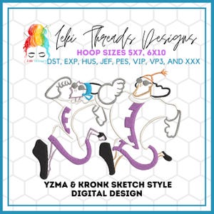 May include: A digital embroidery design featuring Yzma and Kronk from the Disney movie The Emperor's New Groove. The design is in a sketch style and is available in multiple hoop sizes: 5x7 and 6x10. The design is suitable for embroidery machines that support DST, EXP, HUS, JEF, PES, VIP, VP3, and XXX file formats.
