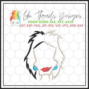 Pode incluir: Um design de bordado com um rosto estilizado com cabelo preto e branco, olhos azuis e lábios vermelhos. O design é emoldurado por uma borda preta e inclui o texto "Leki Threads Designs" e "HOOP SIZES 4X4, 5X7, 6X10".