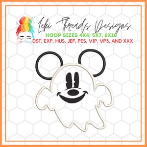 May include: Black and white embroidery design of a ghost with Mickey Mouse ears and a smiling face. The design is for embroidery machines and includes the following file formats: DST, EXP, HUS, JEF, PES, VIP, VP3, and XXX. The design is available in hoop sizes 4x4, 5x7, and 6x10 inches.