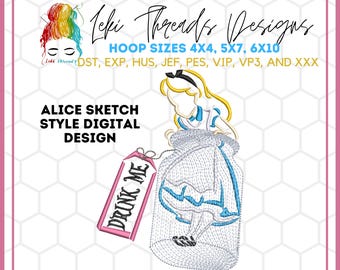Alice in Wonderland-borduurontwerp: schetsstijl (digitaal bestand)