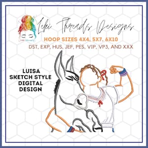 May include: A digital embroidery design of a woman with a donkey. The woman is wearing a red, white, and blue outfit and has her arm raised in a strong pose. The donkey is gray and has its head resting on the woman's shoulder. The design is in a sketch style and is perfect for embroidery projects.