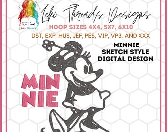 Girl Mouse Embroidery Design: Minnie Sketch (Digital File)