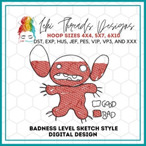 May include: A red cartoon character with a mischievous expression, in a sketch style, with the text "GOOD" and "BAD" in a checkbox style. The text "BADNESS LEVEL SKETCH STYLE DIGITAL DESIGN" is below the character.