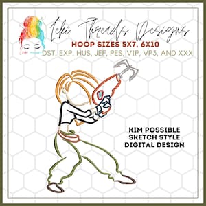 May include: A digital embroidery design of Kim Possible in a sketch style. The design features Kim in a green jumpsuit holding a futuristic weapon. The design is available in hoop sizes 5x7 and 6x10.