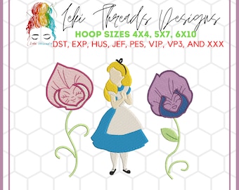 Alice in Wonderland-borduurontwerp: Engels meisje met bloemen (digitale download)