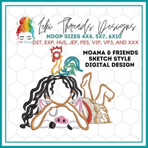 Puede incluir: Diseño digital bordado de Moana de la película de Disney Moana, con su cerdo mascota Pua y un gallo. El diseño es de estilo boceto e incluye el texto "Moana & Friends Sketch Style Digital Design".
